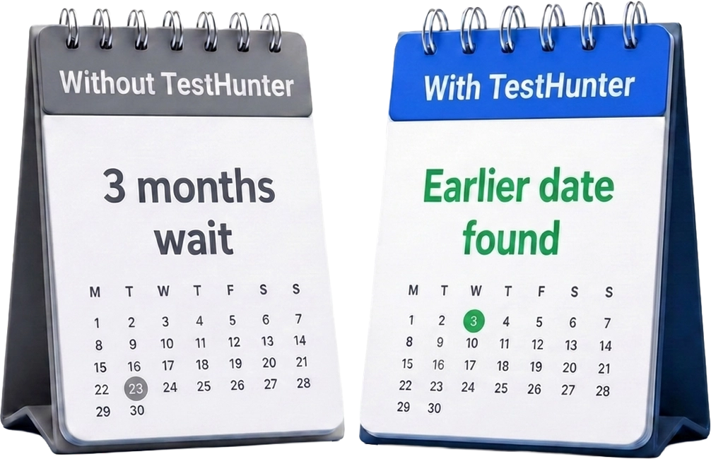 Calendar comparison: a 3 month wait without Test Hunter versus an earlier date found with Test Hunter