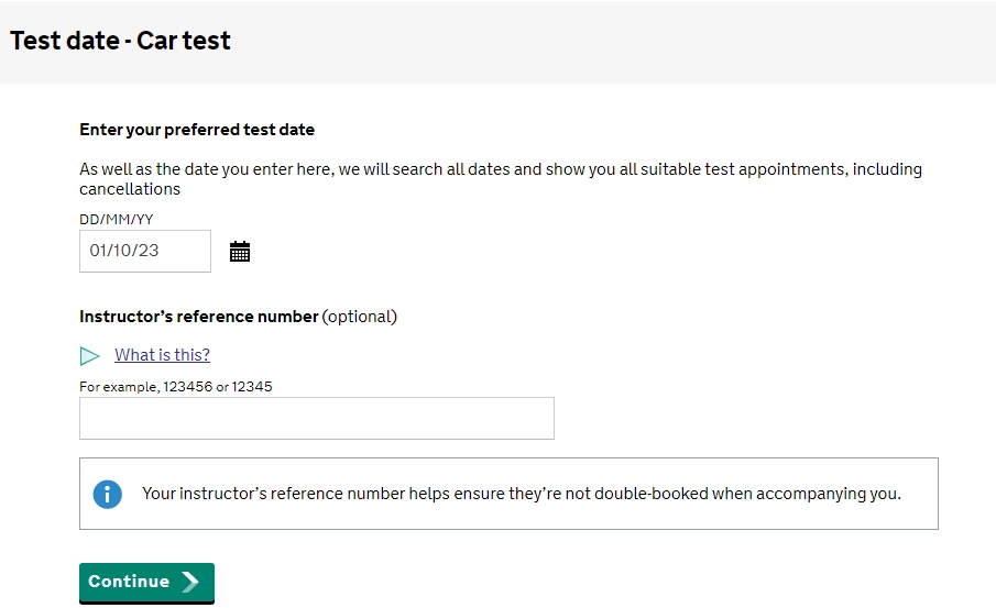 Choosing a preferred test date on the DVSA site