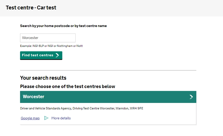 Searching for a driving test centre on the DVSA site