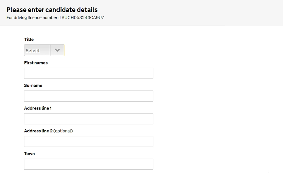 Entering personal details on the DVSA booking form